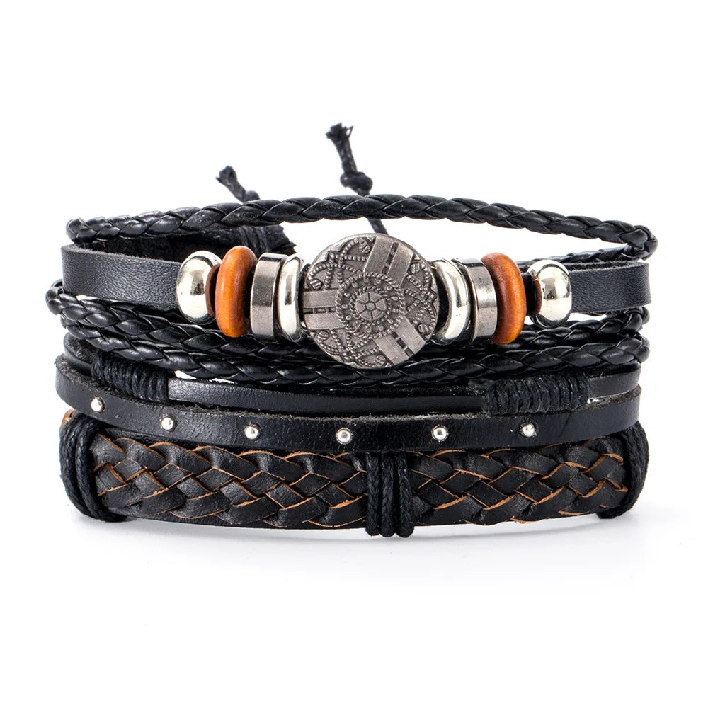 4Pcs Men's Braided Leather Bracelets Set – Vintage Life Tree & Rudder Charms, Wood Beads, Ethnic Tribal Wristbands