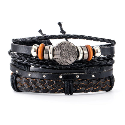 4Pcs Men's Braided Leather Bracelets Set – Vintage Life Tree & Rudder Charms, Wood Beads, Ethnic Tribal Wristbands