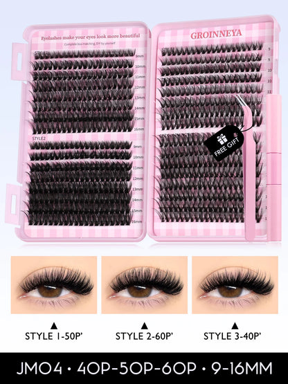 GROINNEYA Cat Lash Clusters Kit – 640pcs with Lash Bond & Seal, DIY Eyelash Extensions for Home Use