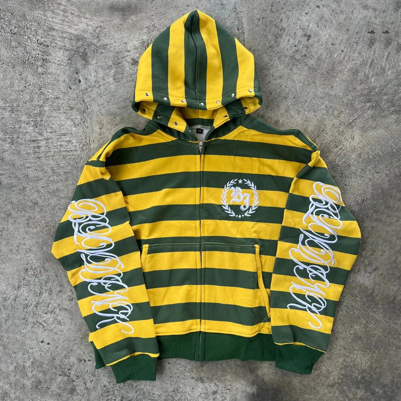 Men's Striped Zip-Up Hoodie - Retro American Streetwear Sweatshirt with Rivet Details