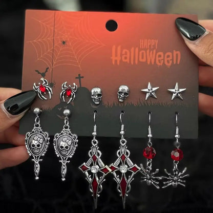 Halloween Crystal Skull Spider Drop Earrings - Gothic Red Crystal Cross and Rose Metal Earrings for Women
