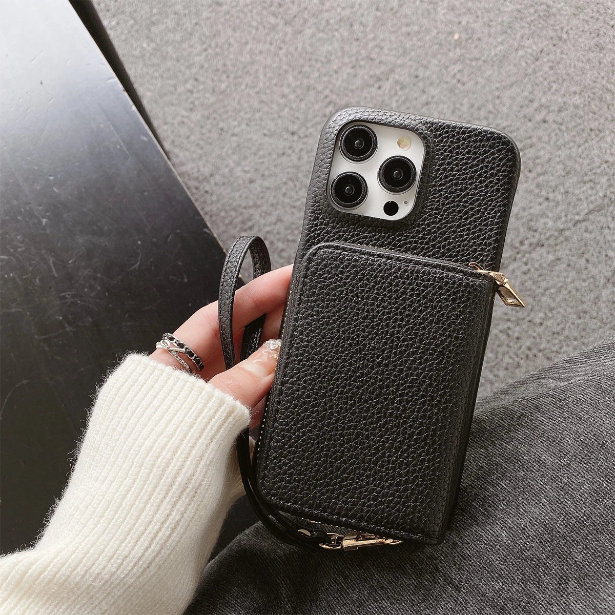 Luxury Litchi PU Leather iPhone Case – Card Holder Lanyard Wallet Cover for iPhone 11 to 15 Pro Max 📱✨