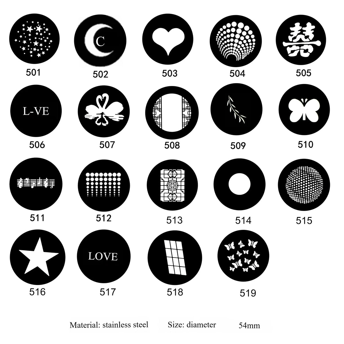 Metal Gobo Light Pattern Set - 1–6pcs 58mm/54mm Diameter Shadow & Background Projection Effects for Photography and Stage Lighting
