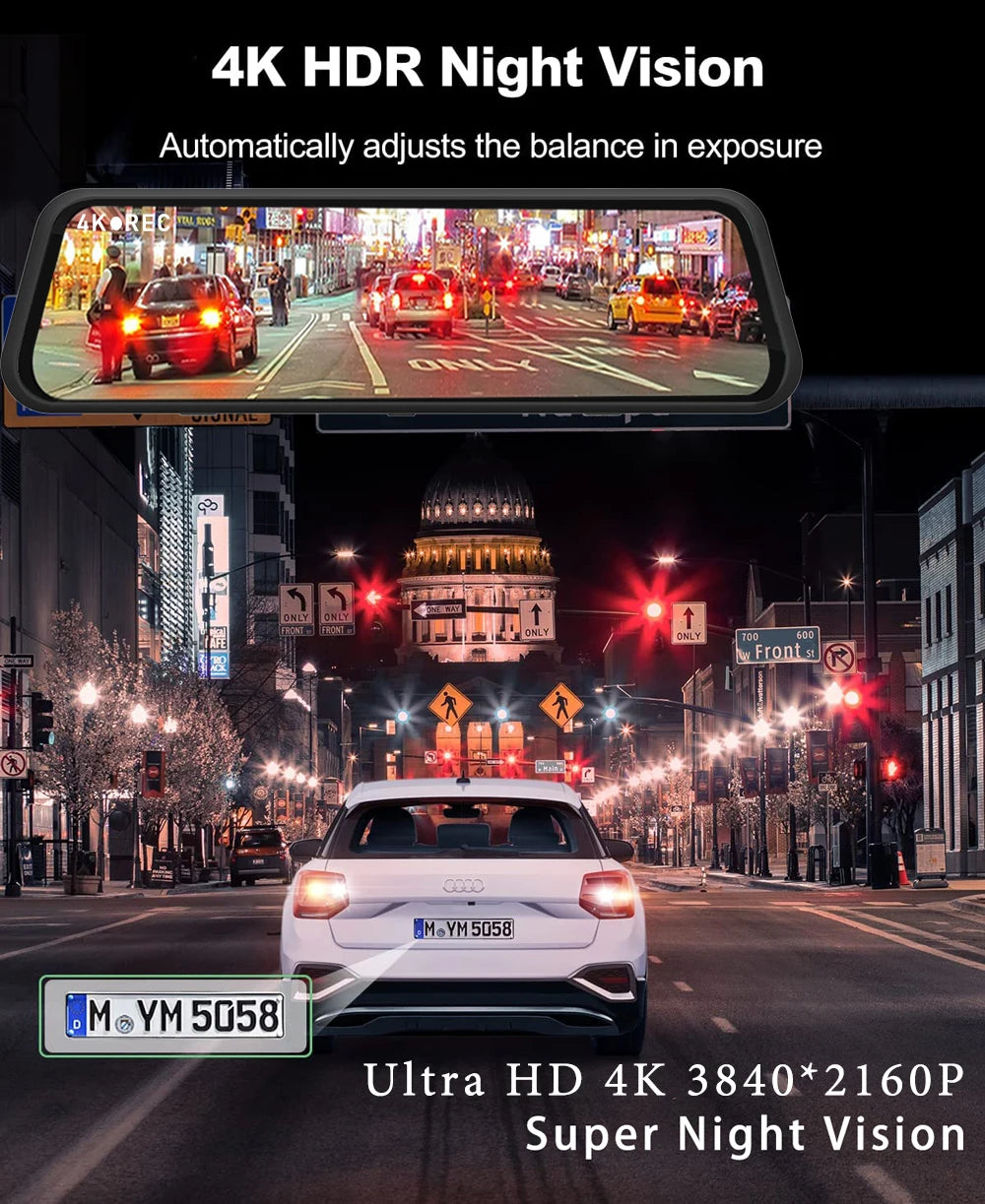 4K 2160P Dash Cam – Car DVR with CarPlay, Android Auto, Rearview Mirror Streaming, GPS, 5G WiFi, FM Radio, AUX