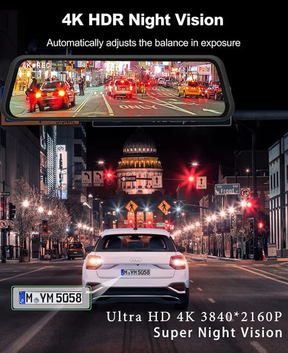 4K 2160P Dash Cam – Car DVR with CarPlay, Android Auto, Rearview Mirror Streaming, GPS, 5G WiFi, FM Radio, AUX
