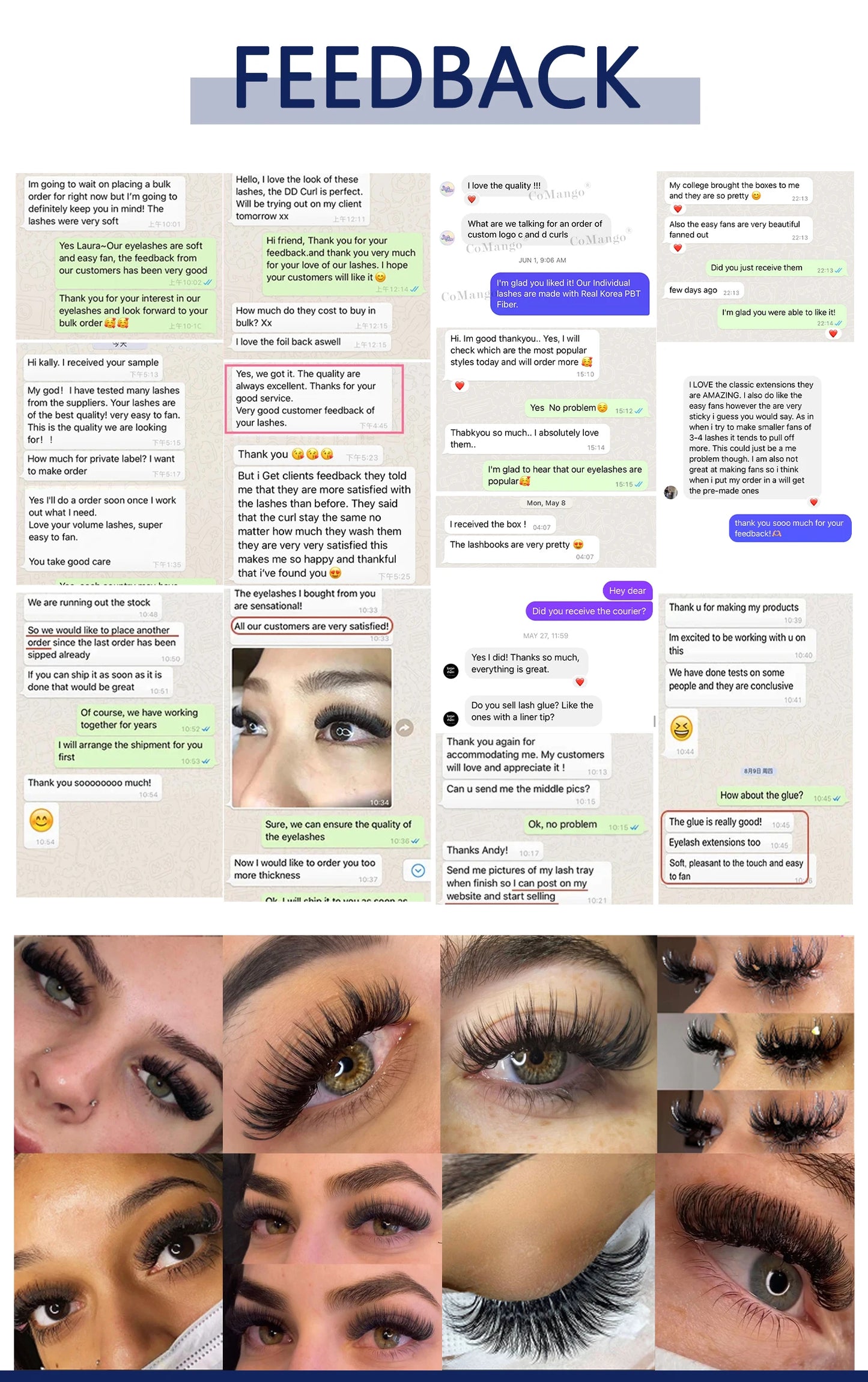CoMango Faux Mink Eyelashes Extensions – 1D/2D/Y, C/D Curl Natural Russian Volume Soft PBT Lashes