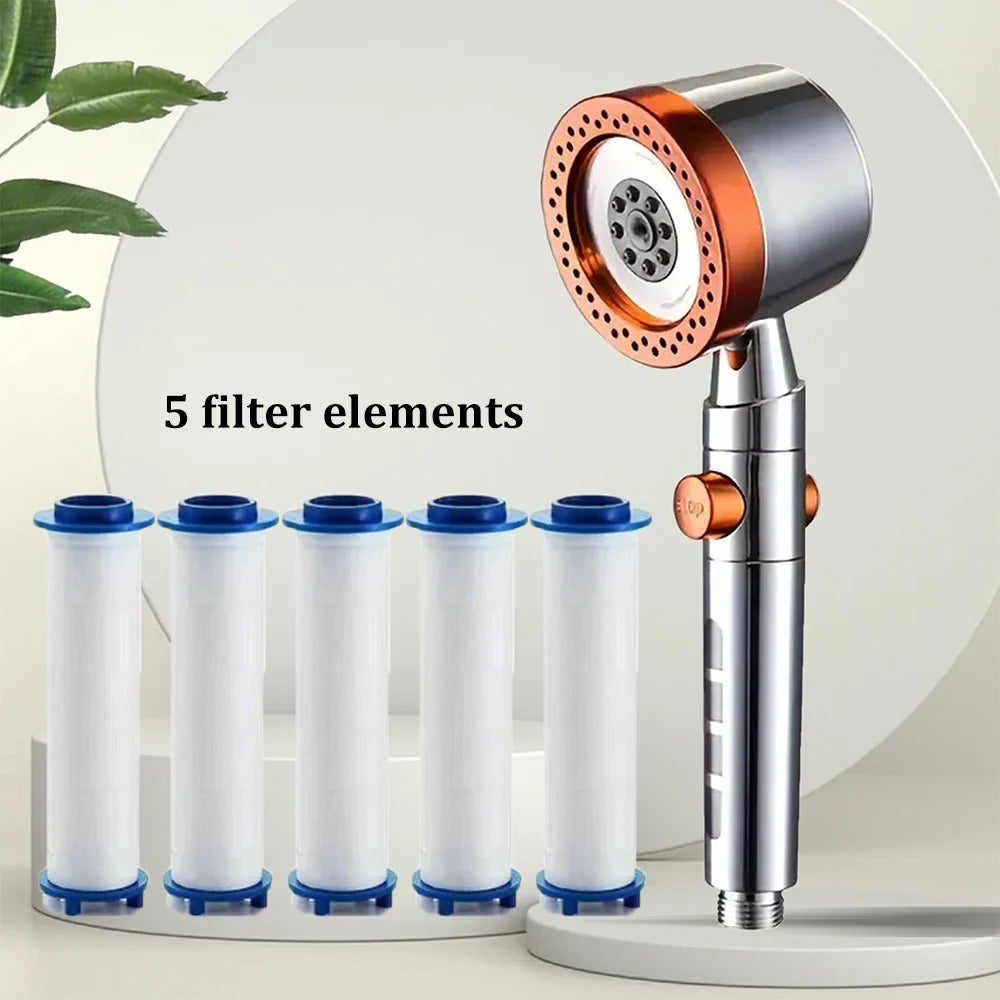 High Pressure Water Saving Shower Head - 5 Mode Handheld Bathroom Filter Spray with One Button Stop Function