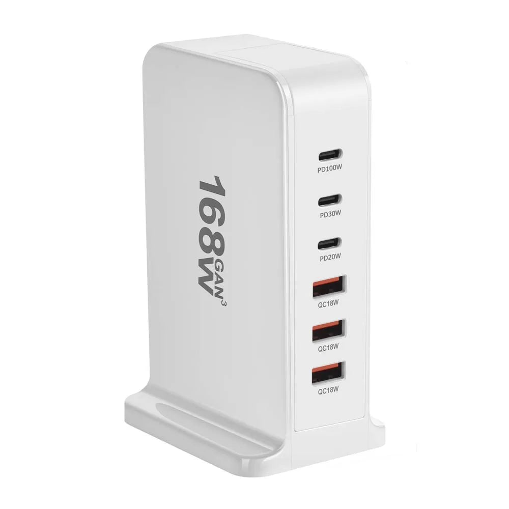 200W GaN Desktop Quick Charger - 168W PD, 6-Port USB Type C with USA, EU, AUS, UK Plug Adapters for Mobile Phones and Laptops
