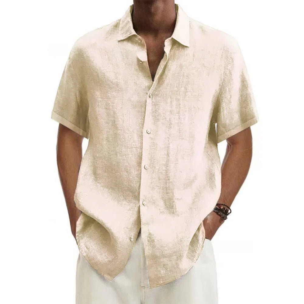 Men's Cotton Long Sleeve Shirt - Slim Fit Casual Button-Up Shirt with Roll-Up Cuffs