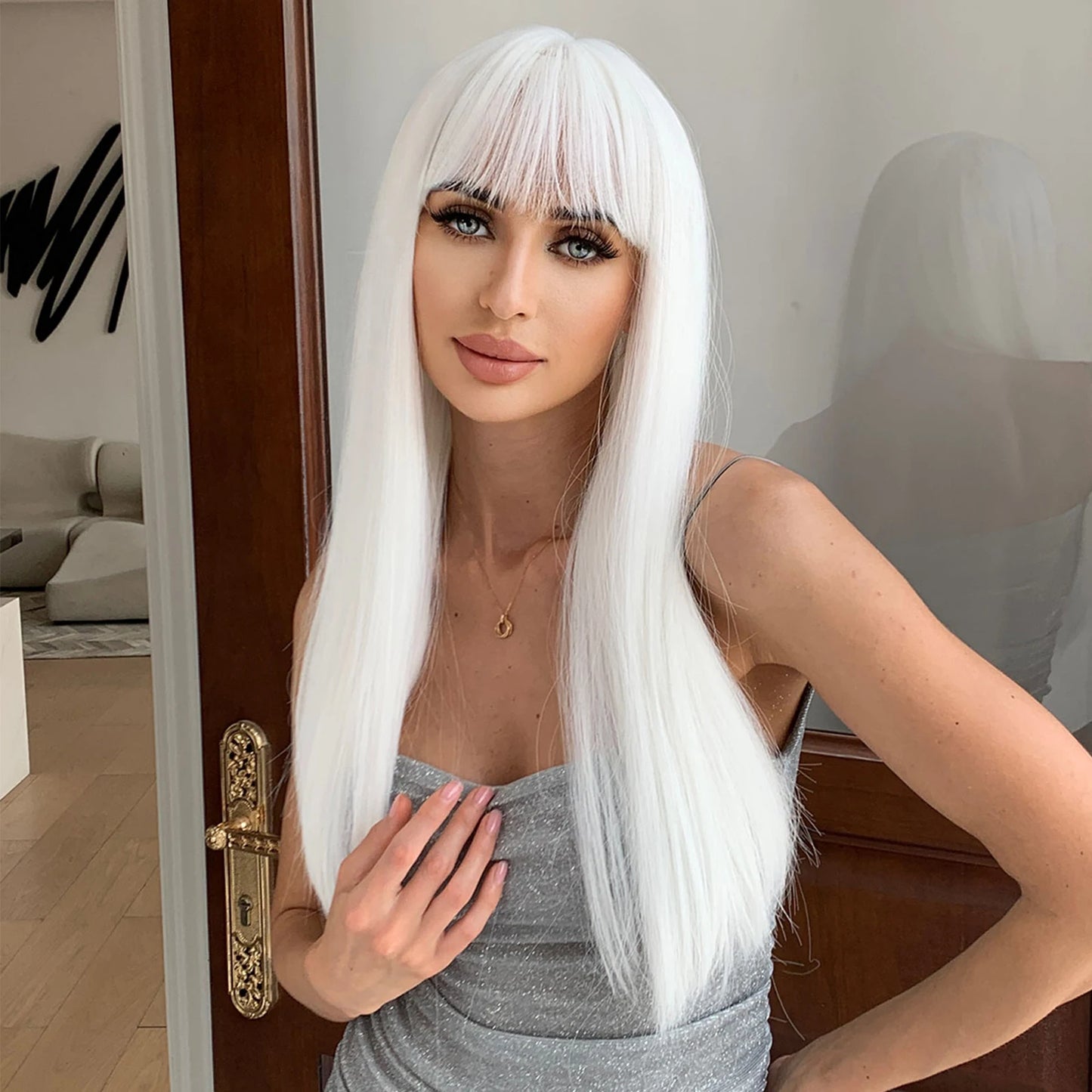 LOUIS FERRE Straight White Synthetic Wig – Long Natural Hair Wig with Bangs, Heat Resistant, Daily Wear for White Women