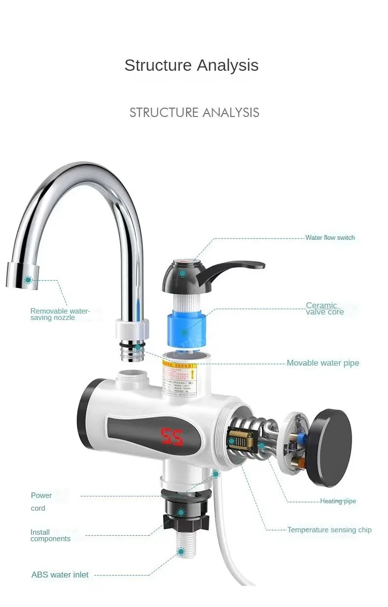 Electric Instant Kitchen Water Heater Faucet — Tankless Hot & Cold Heating Tap