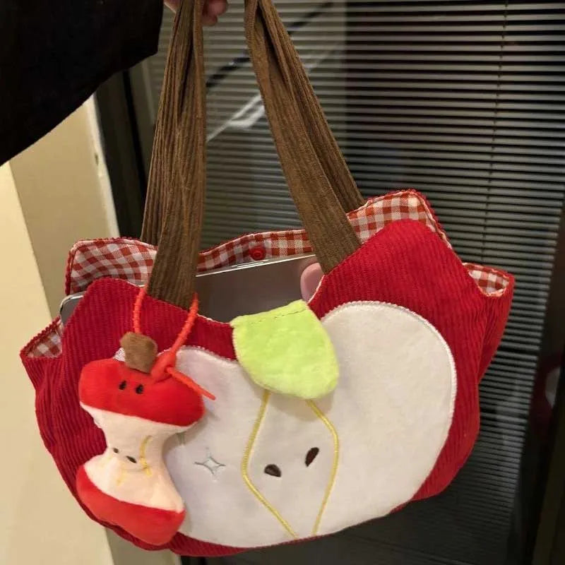 Red Apple Corduroy Shoulder Bag - Cute Canvas Handbag with Apple Pendant for Casual Outings