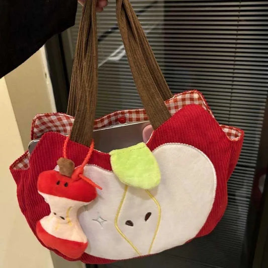 Red Apple Corduroy Shoulder Bag - Cute Canvas Handbag with Apple Pendant for Casual Outings