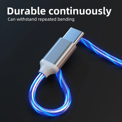 3-in-1 Glowing LED Light Fast Charging Micro USB Type C Cable: For iPhone, Samsung, Xiaomi, Redmi Phone Charger - USB Cable
