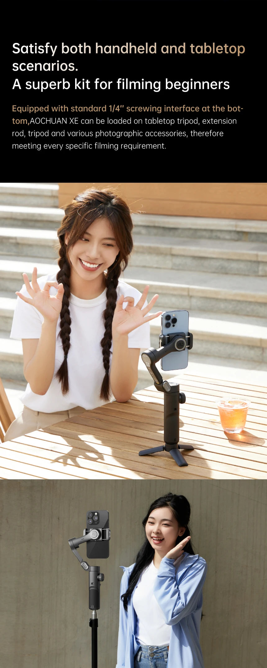 AOCHUAN 3-Axis Handheld Gimbal Stabilizer – Smartphone Stabilizer with Fill Light, Face Tracking for iPhone & Android, Tiktok & Vlog Smart XE