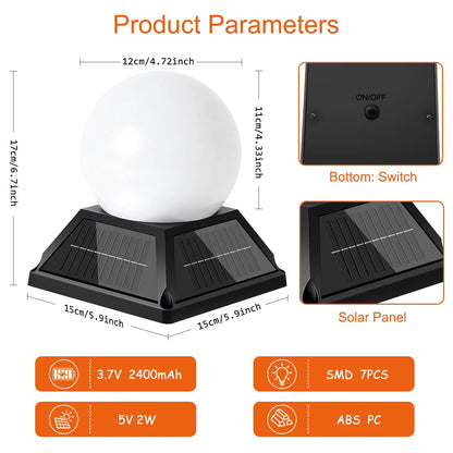 Solar Post Pillar Light - Round Ball Garden Lamp with Remote, Timer, Dimmer and 2400mAh Battery