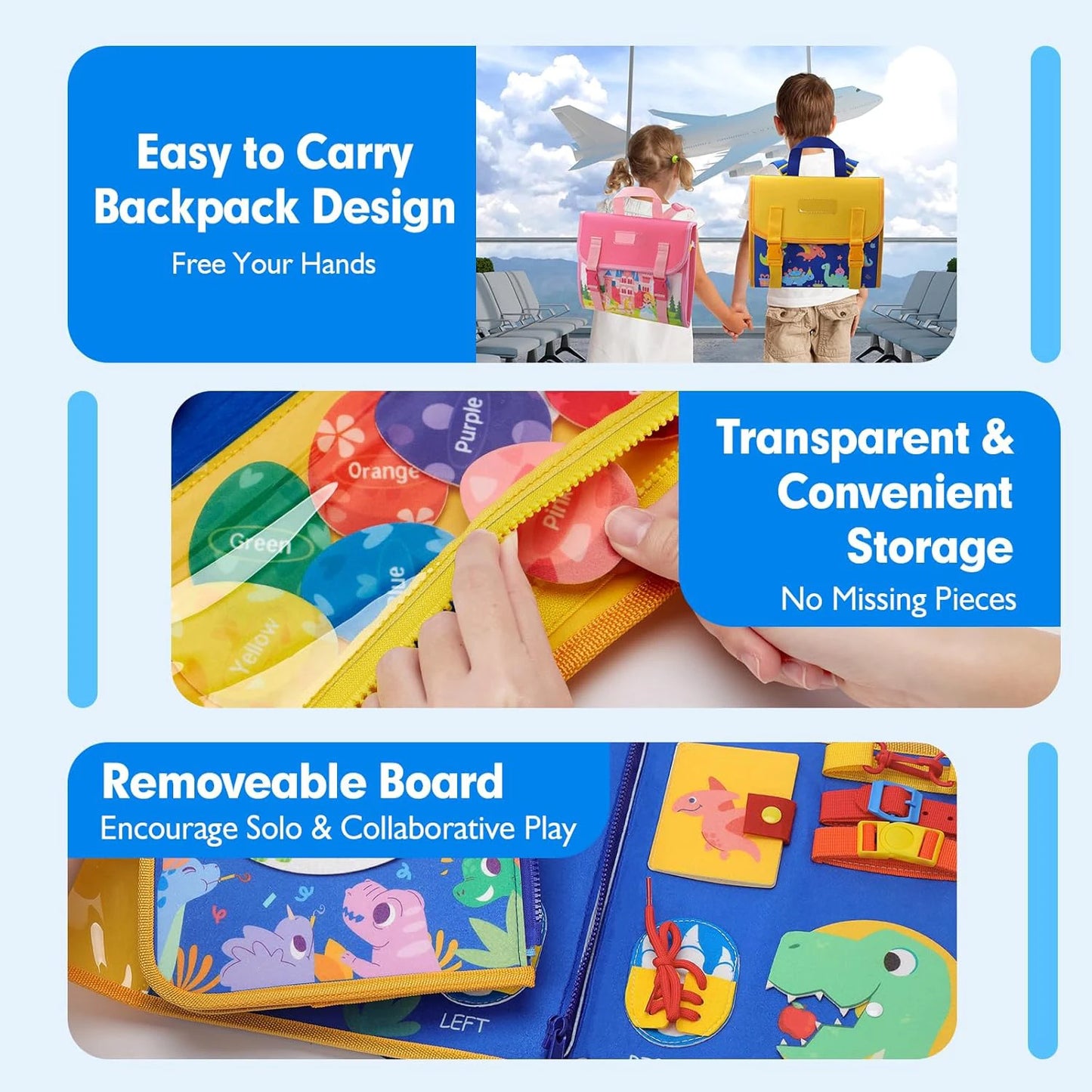 Montessori Toddler Busy Board – Dinosaur Dress-Up Sensory Toy for Learning Life Skills & Travel Backpack