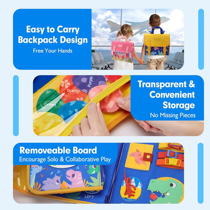 Montessori Toddler Busy Board – Dinosaur Dress-Up Sensory Toy for Learning Life Skills & Travel Backpack