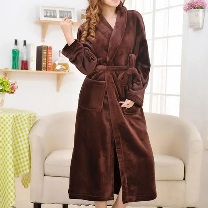 Coral Fleece Long Robe Kimono – Warm Flannel Winter Bathrobe, Casual Sleepwear & Homewear
