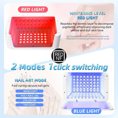 480W UV LED Nail Lamp – 108 LEDs Nail Dryer with Red Light Whitening Mode, Large Space, 4 Timer Settings