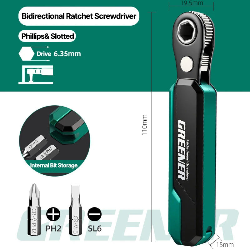 GREENER 72-Tooth Reversible Ratchet Wrench - 1/4-Inch Hex Drive Quick-Release CR-V Steel Tool for Auto & Home Repair