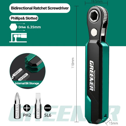GREENER 72-Tooth Reversible Ratchet Wrench - 1/4-Inch Hex Drive Quick-Release CR-V Steel Tool for Auto & Home Repair