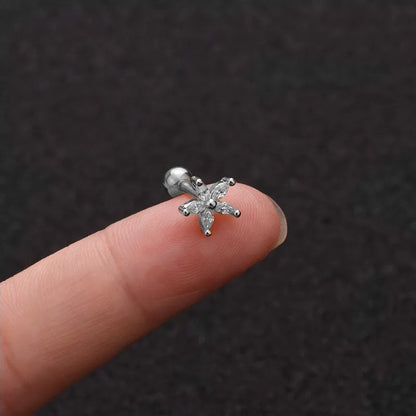 Crystal Flower Tragus Piercing Earring – 16G Cross Cartilage, Helix, Conch, Rook, Lobe & Labret Stud Jewelry