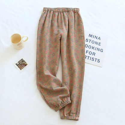 2025 Spring Summer Women's Pajama Pants – 100% Cotton Crepe Loose Fit Leaf Print Home Wear Bottoms