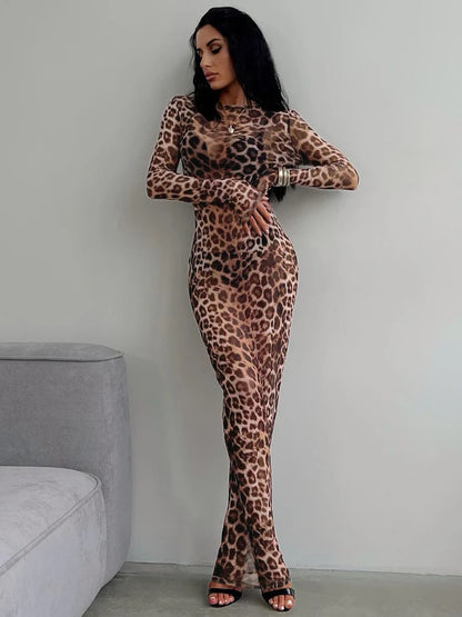 Hugcitar Leopard Print Mesh Long Sleeve Maxi Dress – Sexy Slim See-Through Fall Fashion for Women, Beach & Club Outfits