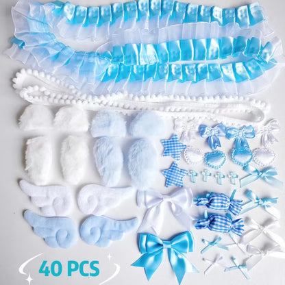 40Pcs Lace Handmade Craft Kit - Plush Bunny Ears Angel Wings Heart Star Clothing Accessories Set