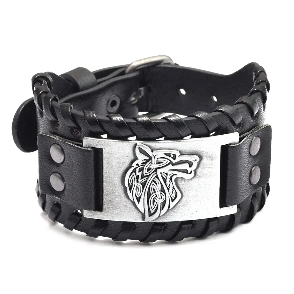 Vintage Viking Leather Braided Bracelet for Men - Celtic Wolf Head Bangle, Classic Animal Motif Jewelry & Hand Accessories