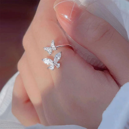 Acrylic Crystal Butterfly Ring - Adjustable Silver-Tone Zircon Fashion Ring for Women, K-Pop Party Jewelry