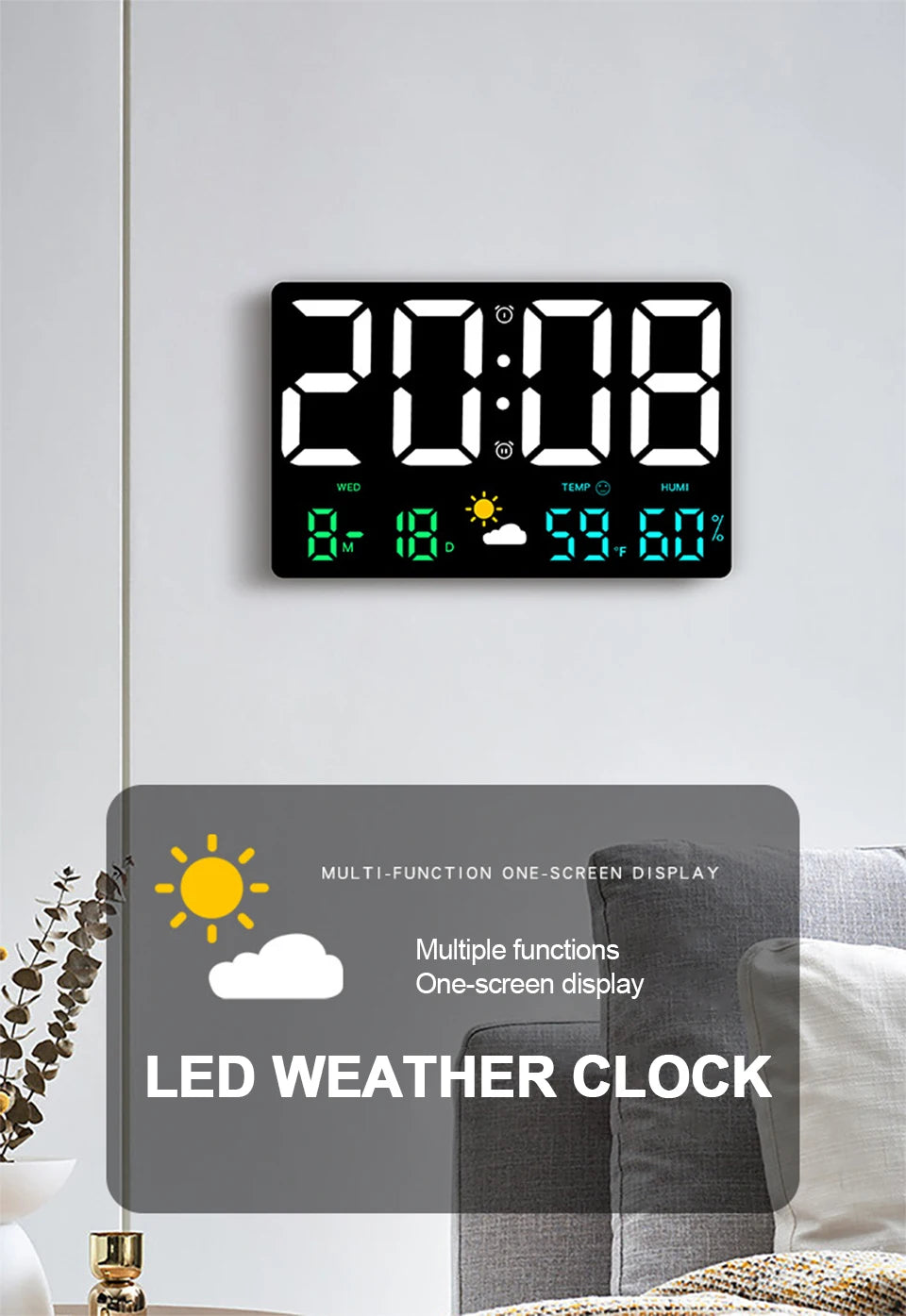 High-Definition Large-Screen Digital Wall Clock – Multi-Function Weather Clock with Temperature, Humidity Display & Color Alarm