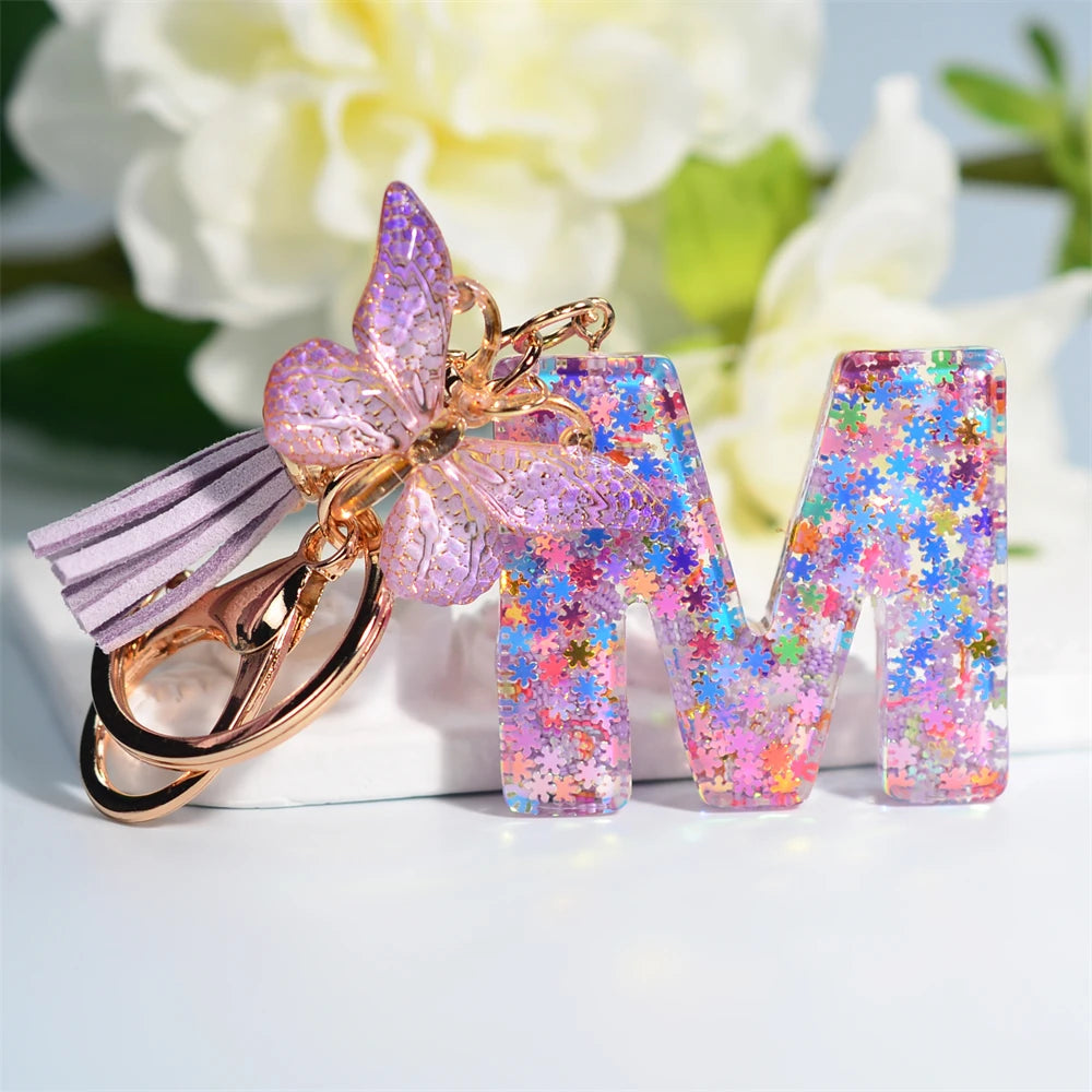 A-Z Sequin Initial Keychain - Dreamy Butterfly Tassel Pendant Bag & Purse Charm for Women