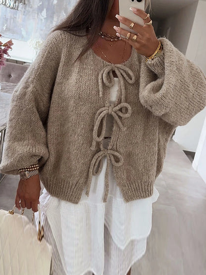 Fashion Knitted Bow Lace-Up Cardigan for Women – Y2K Open Front Sweater, Sweet Lantern Sleeve Oversized Knit Cardigan