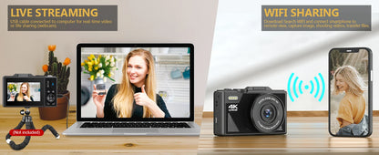 4K Camera for Photography – 18X Digital Zoom, 64MP Vlogging Camcorder, 3'' Flip Screen, WIFI Selfie Webcam for YouTube