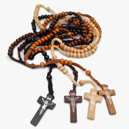 8mm Wooden Rosary Beads Necklace – Catholic Orthodox Cross Pendant, Woven Rope Prayer Chain for Men, Spiritual Gift (Black/Brown/Khaki)