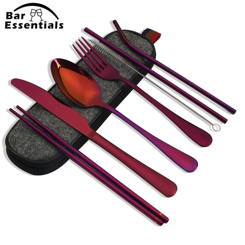 8-Piece Reusable Travel Cutlery Set — Stainless Steel Spoon, Fork, Chopsticks & Straw with Portable Case