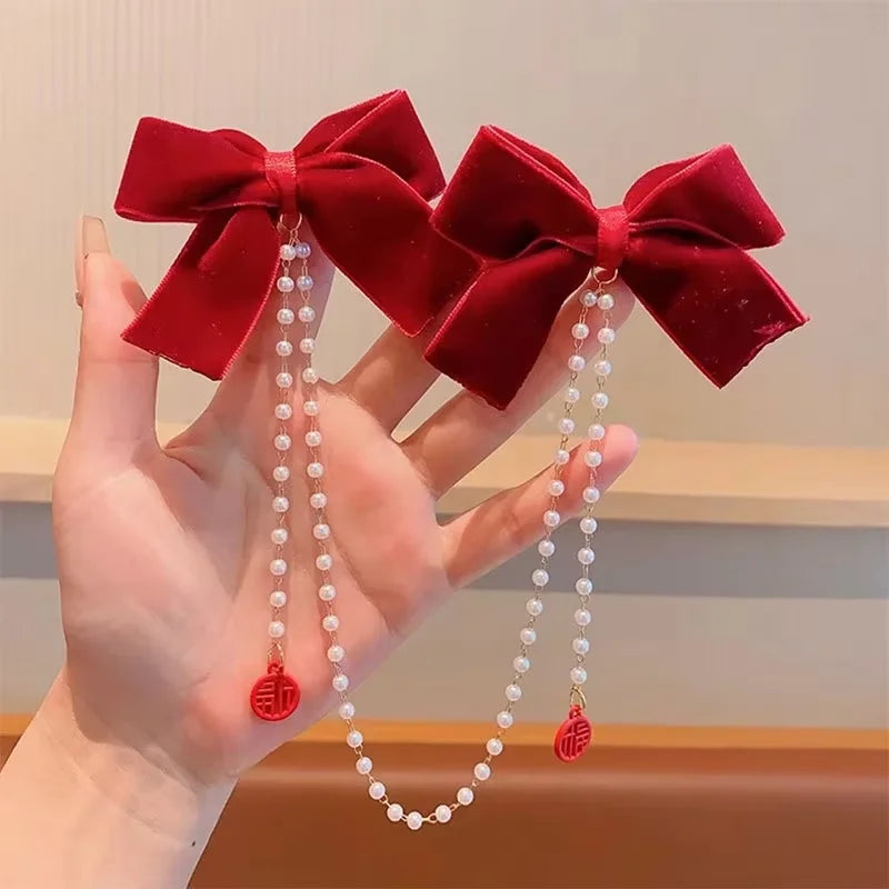 Sweet Princess Pink Pearl Bow Hair Clip – Cute Chain Hairpin for Women & Girls Back Head Fashion Hair Accessories