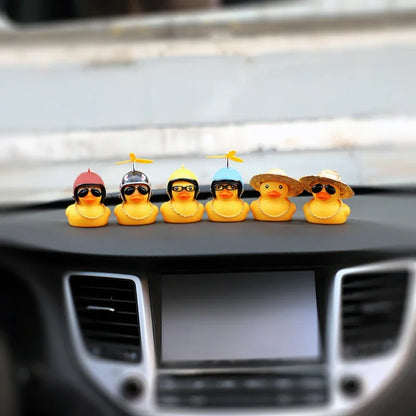 Cool Rubber Duck Car Ornament - Yellow Duck with Glasses, Propeller Helmet, and Gold Chain for Dashboard Decoration