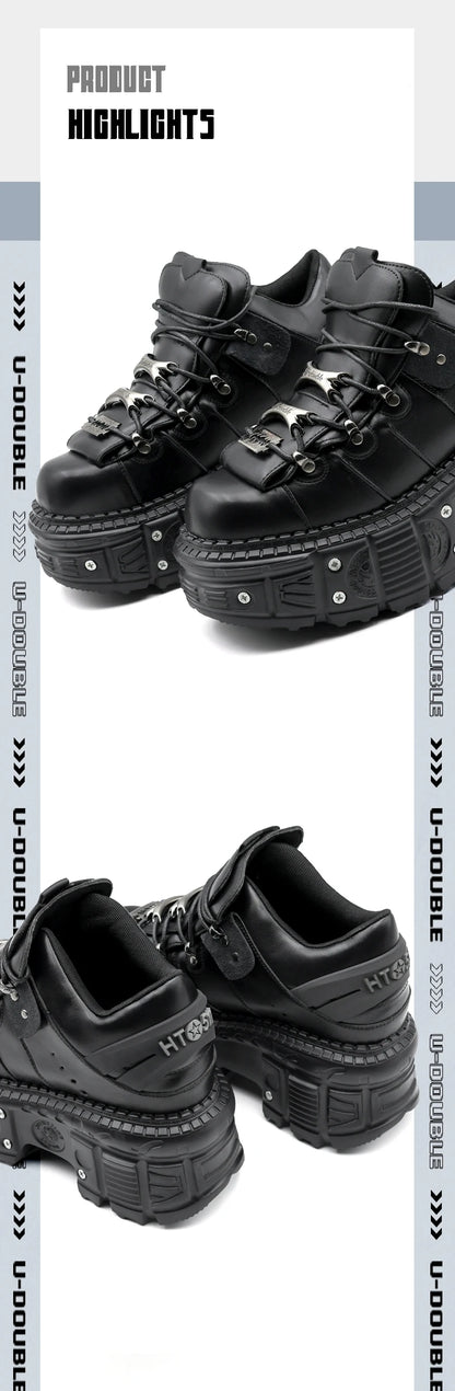 New Punk Style Lace-up Women’s Platform Boots with 6CM Heel, Gothic Rock Ankle Boots, Metal Decor Sneakers