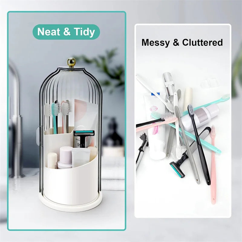 Rotating Toothbrush Holder with Sliding Lid – Dustproof 3-Slot Countertop Organizer for Electric Toothbrush & Toothpaste