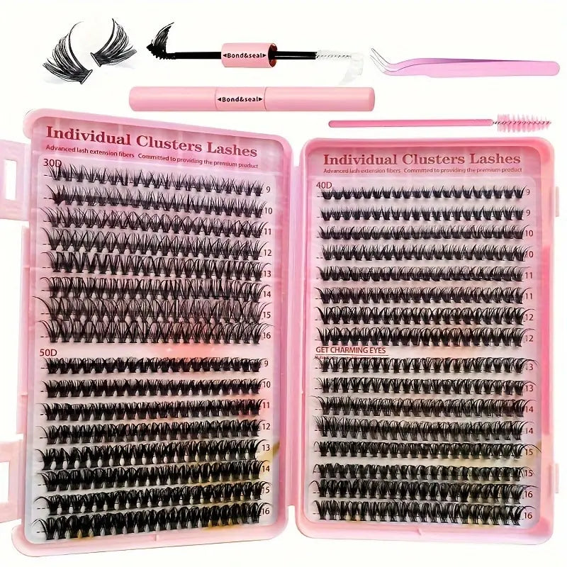 640Pcs Eyelash Extension Kit – D Curl 9-16mm Lash Clusters with Bond & Seal, Tweezers, and Brush