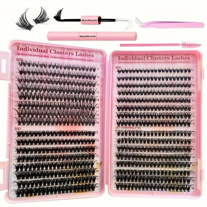 640Pcs Eyelash Extension Kit – D Curl 9-16mm Lash Clusters with Bond & Seal, Tweezers, and Brush