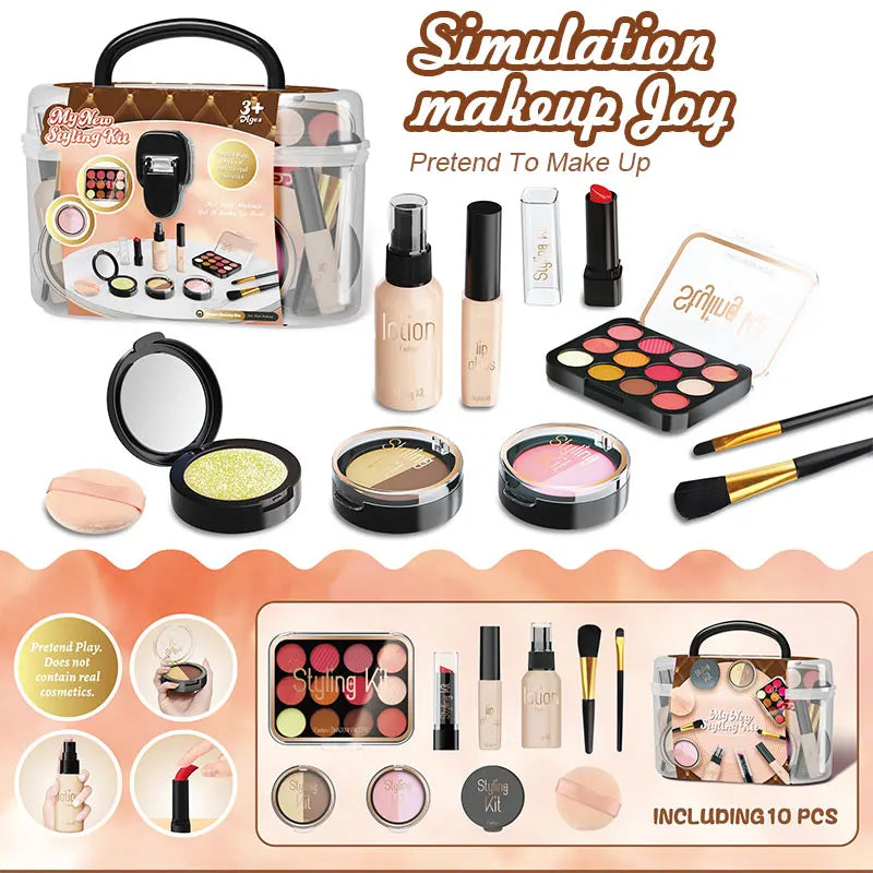 Pretend Makeup Playset, 10 Piece Non-Toxic Toy Cosmetics Set with Eyeshadow Palette, Lipstick, and Applicators (Not Real Makeup)