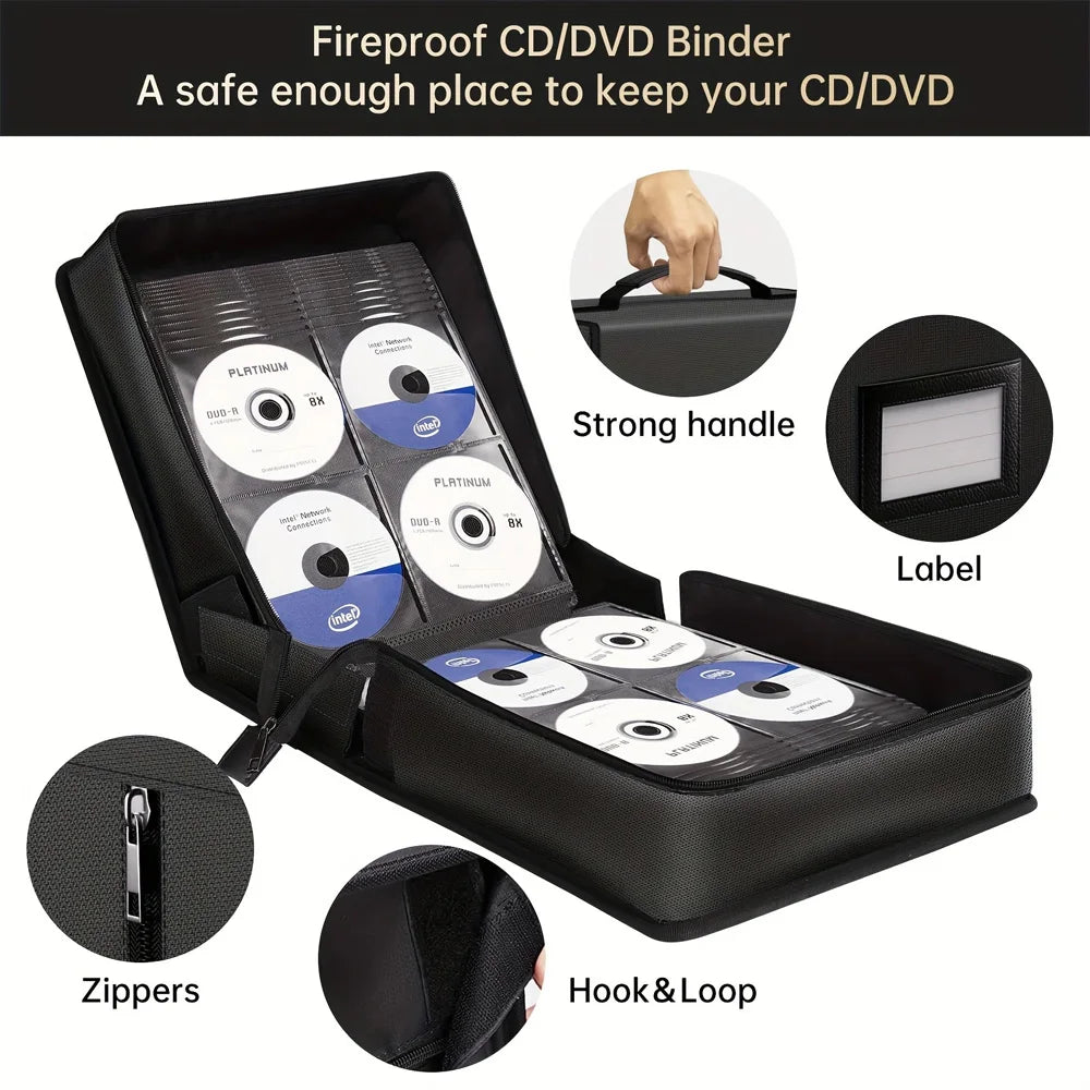 Large Capacity DVD Organizer Case - Fireproof & Waterproof CD Storage Bag with Zipper and Carry Handle