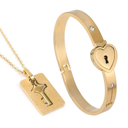 Couple Stainless Steel Love Lock Bracelet with Key Pendant Necklace – Romantic Jewelry Gift for Men and Women