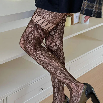Women's JK Lace Bow Stockings - Sexy Floral Hollow Out Pantyhose for Cosplay, Party & Night Club Fashion