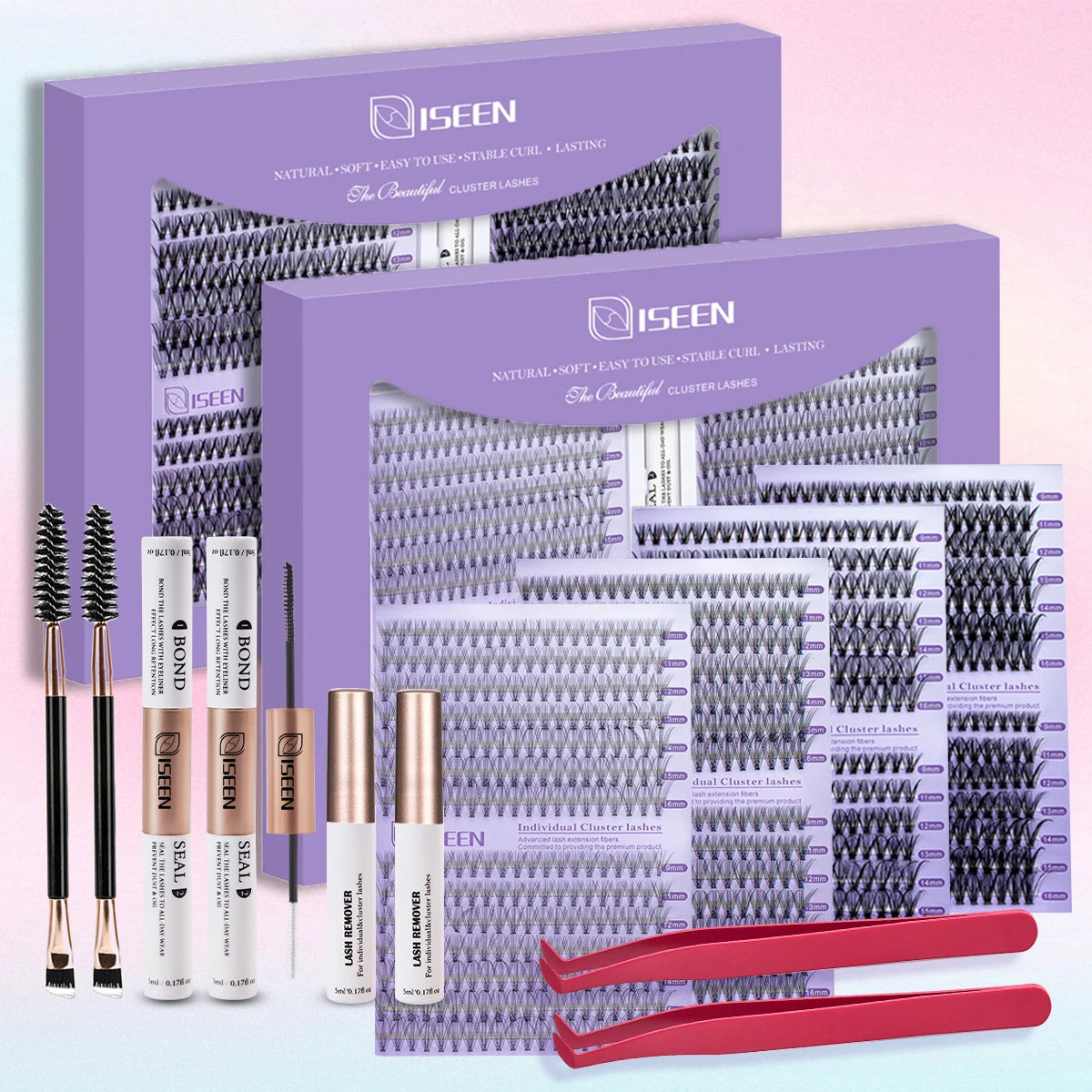 DIY Eyelash Extension Kit – Cluster Mix Eyelashes Set with Lash Bond & Seal, Tweezers & Brush for Full Lash Look
