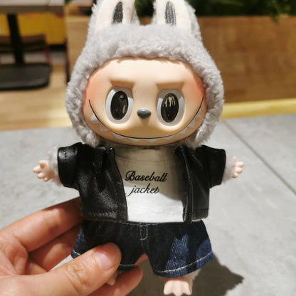Leather Jacket & Skirt Set — Motorcycle Style Outfit for 17cm Labubu Dolls
